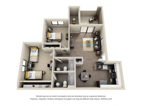 Floor plan for 2 beds, 2 baths, 848 sqft